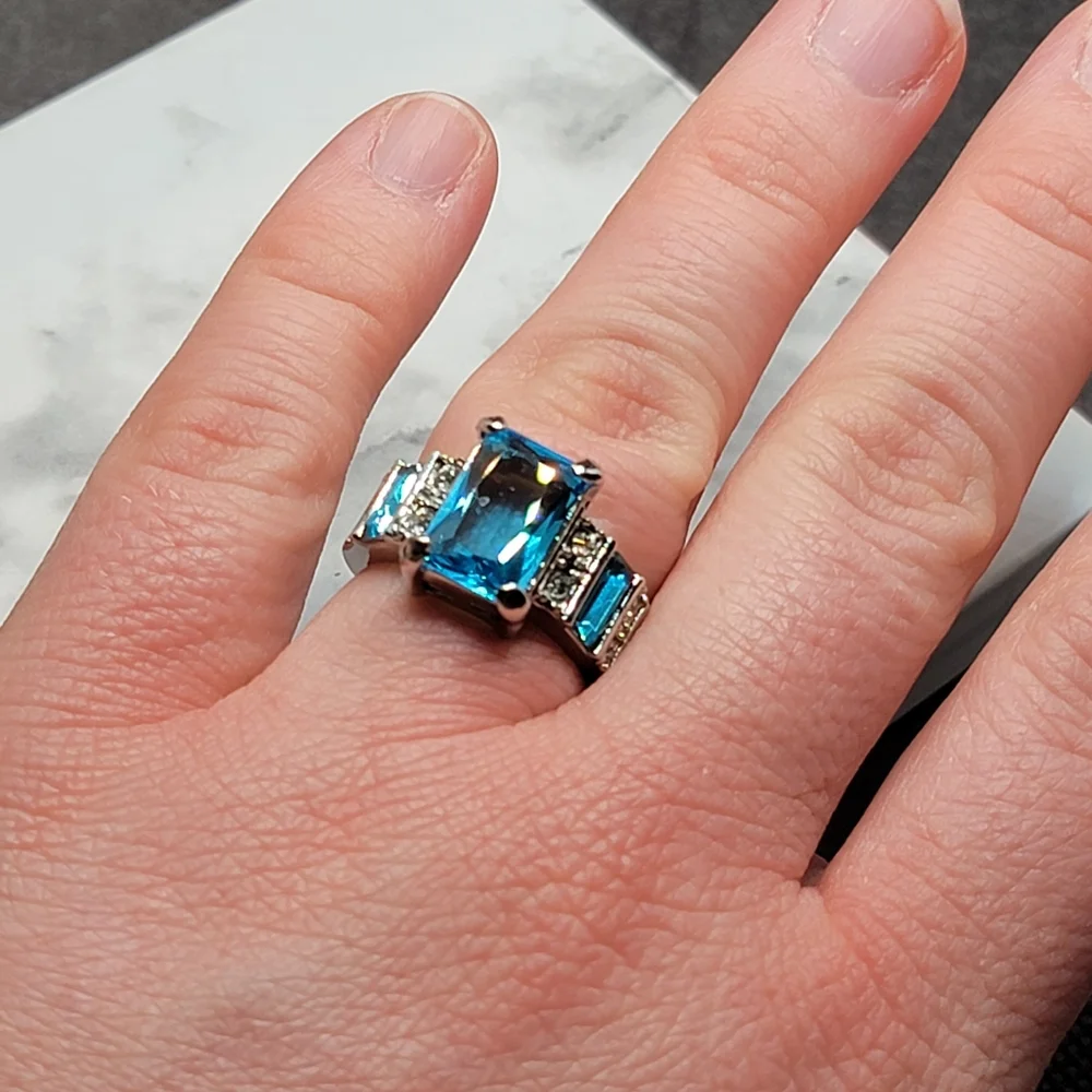 Silver Tone Simulated Blue Topaz Gemstone Ring